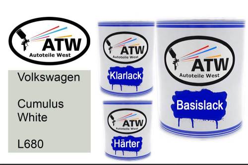 Volkswagen, Cumulus White, L680: 1L Lackdose + 1L Klarlack + 500ml Härter - Set, von ATW Autoteile West.